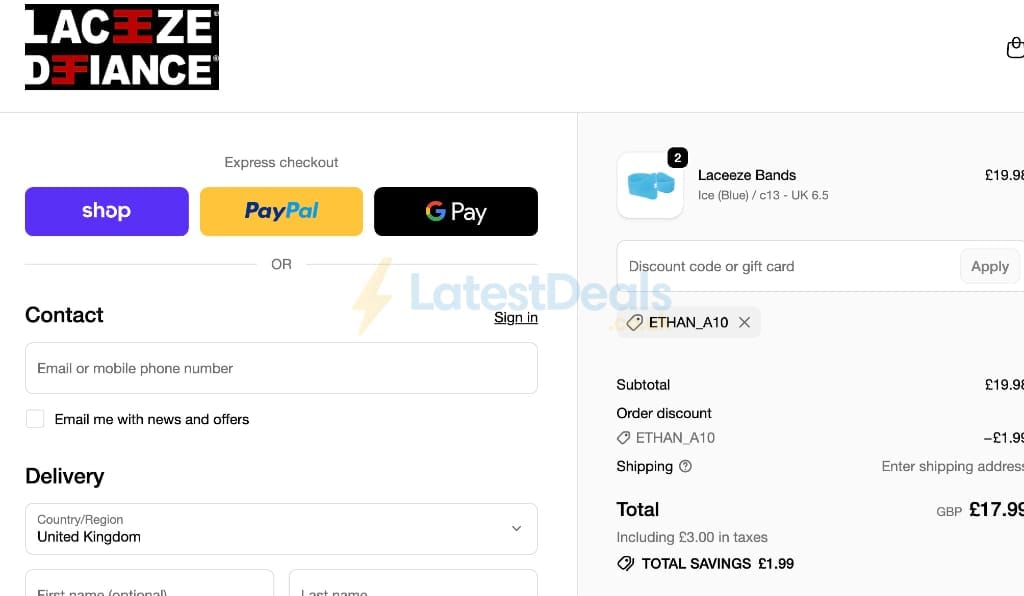 Screenshot of the Laceeze discount code working