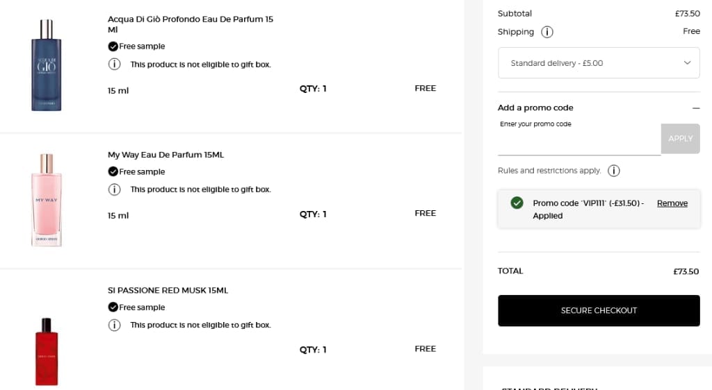 Screenshot of the Armani Beauty discount code working