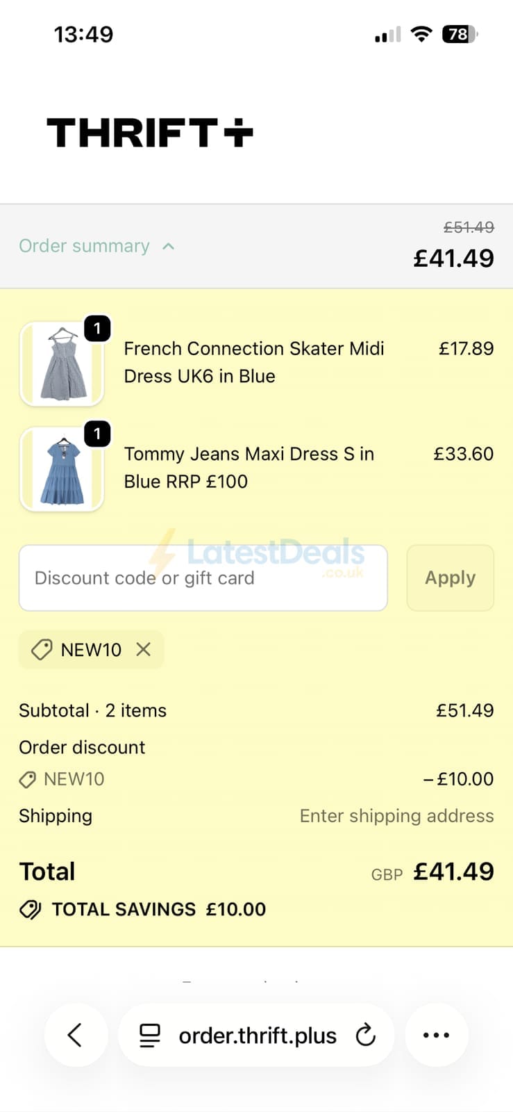 Screenshot of the Thrift+ discount code working