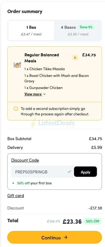 Screenshot of the Prep Kitchen discount code working