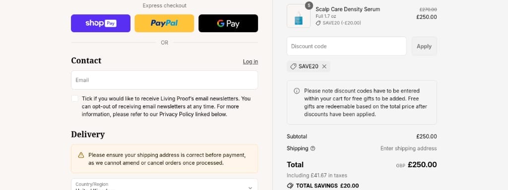 Screenshot of the Living Proof discount code working