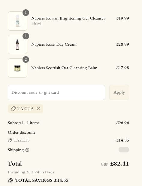 Screenshot of the Napiers The Herbalists discount code working