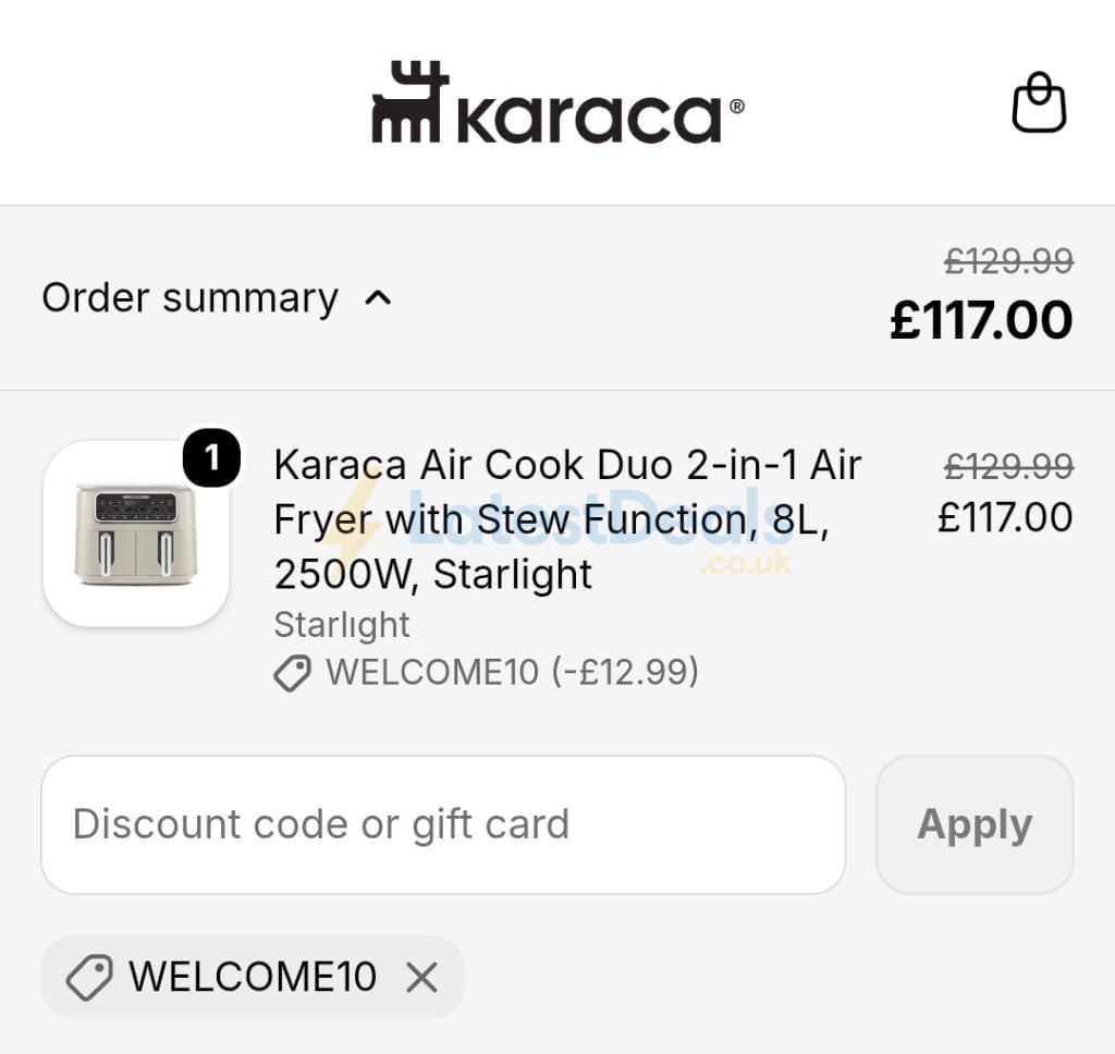 Screenshot of the Karaca discount code working