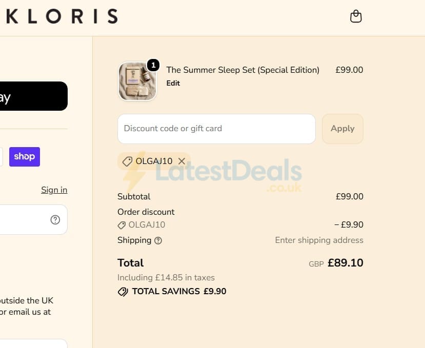 Screenshot of the Kloris discount code working