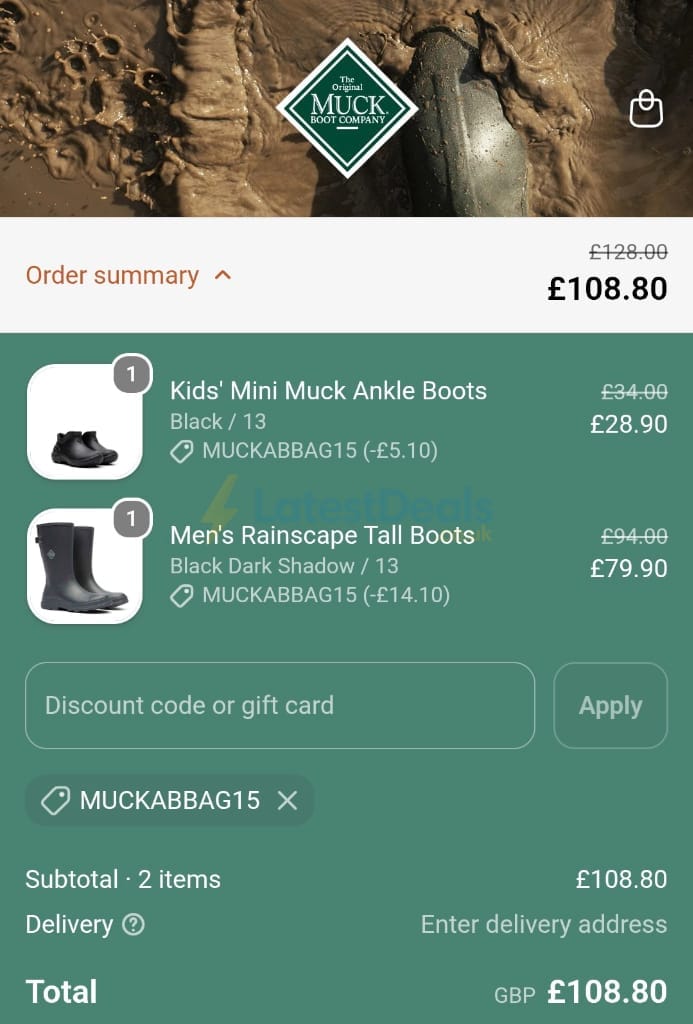 Screenshot of the Muck Boot discount code working