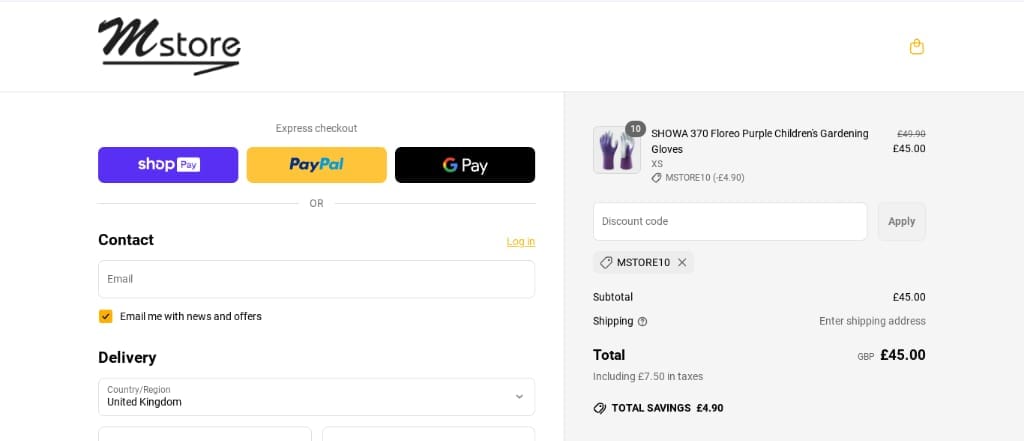 Screenshot of the Mstore discount code working