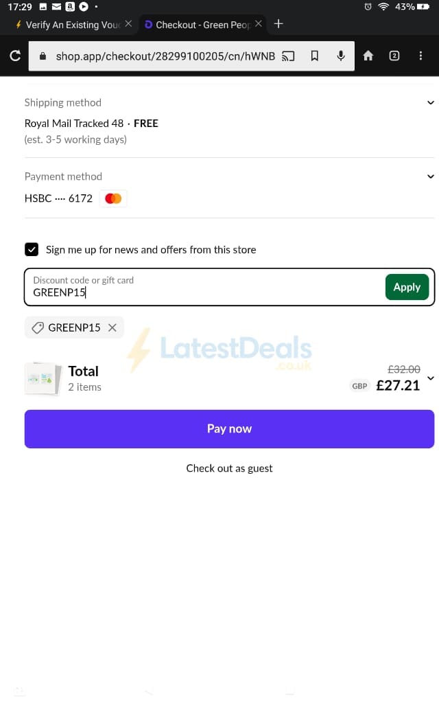 Screenshot of the Green People discount code working