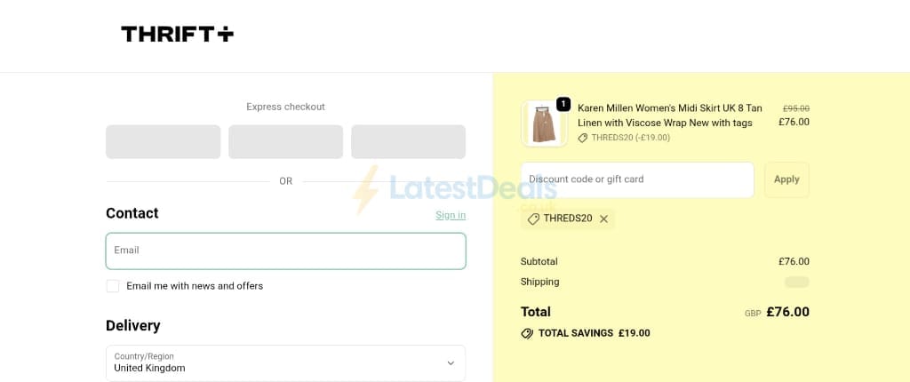 Screenshot of the Thrift+ discount code working