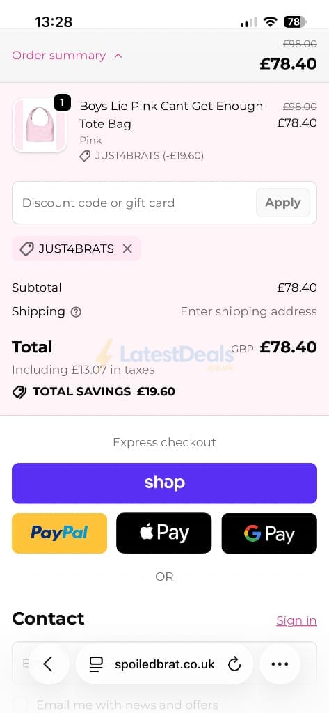 Screenshot of the Spoiled Brat discount code working