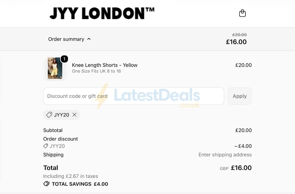 Screenshot of the JYY London discount code working