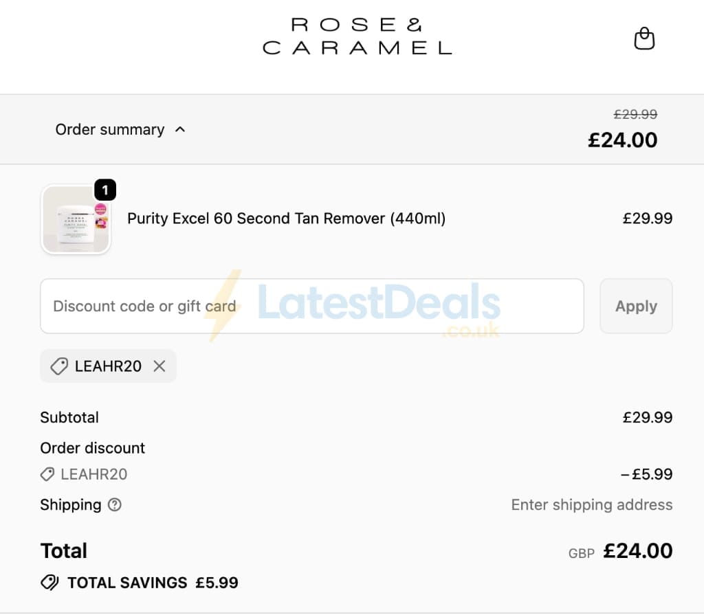 Screenshot of the Rose and Caramel discount code working