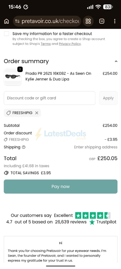 Screenshot of the Pretavoir discount code working