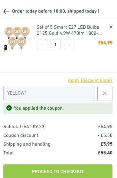 Screenshot of the Lampandlight discount code working