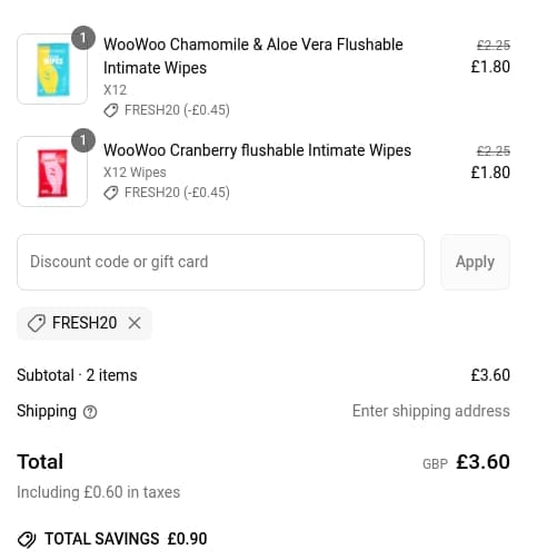 Screenshot of the WooWoo discount code working
