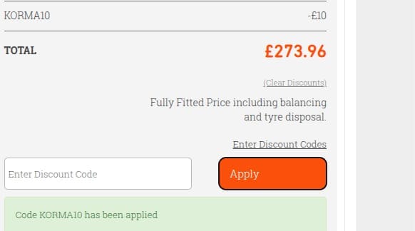 Screenshot of the RAC Tyres discount code working