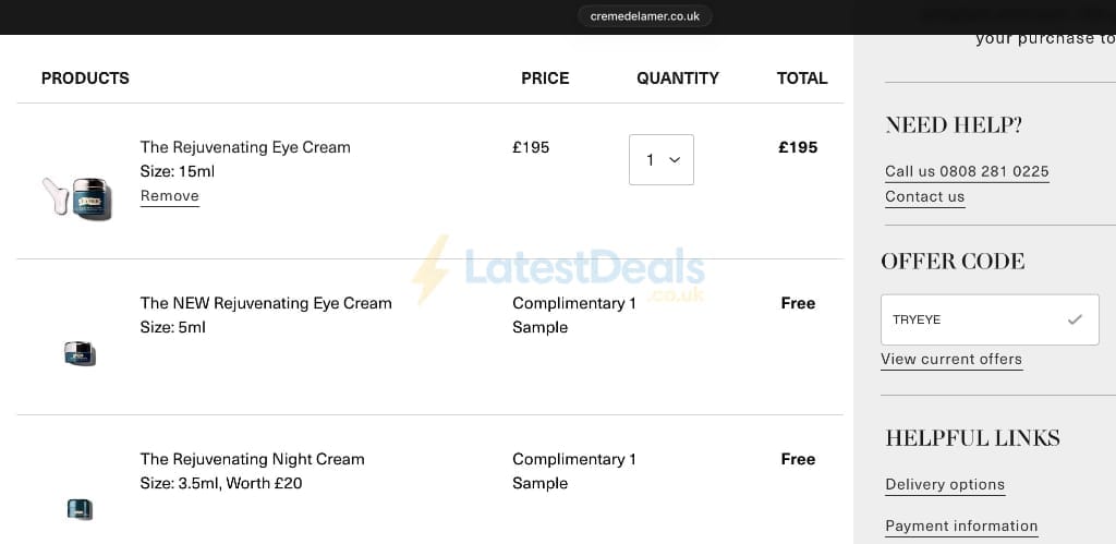 Screenshot of the La Mer discount code working
