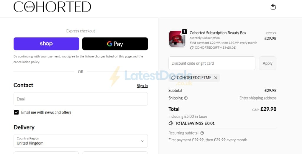 Screenshot of the Cohorted discount code working