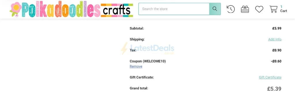 Screenshot of the Polkadoodles Crafts discount code working
