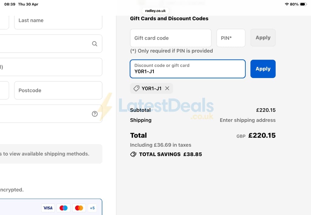 Screenshot of the Radley London discount code working