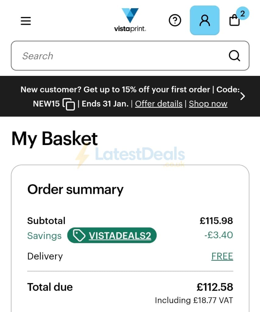 Screenshot of the VistaPrint discount code working