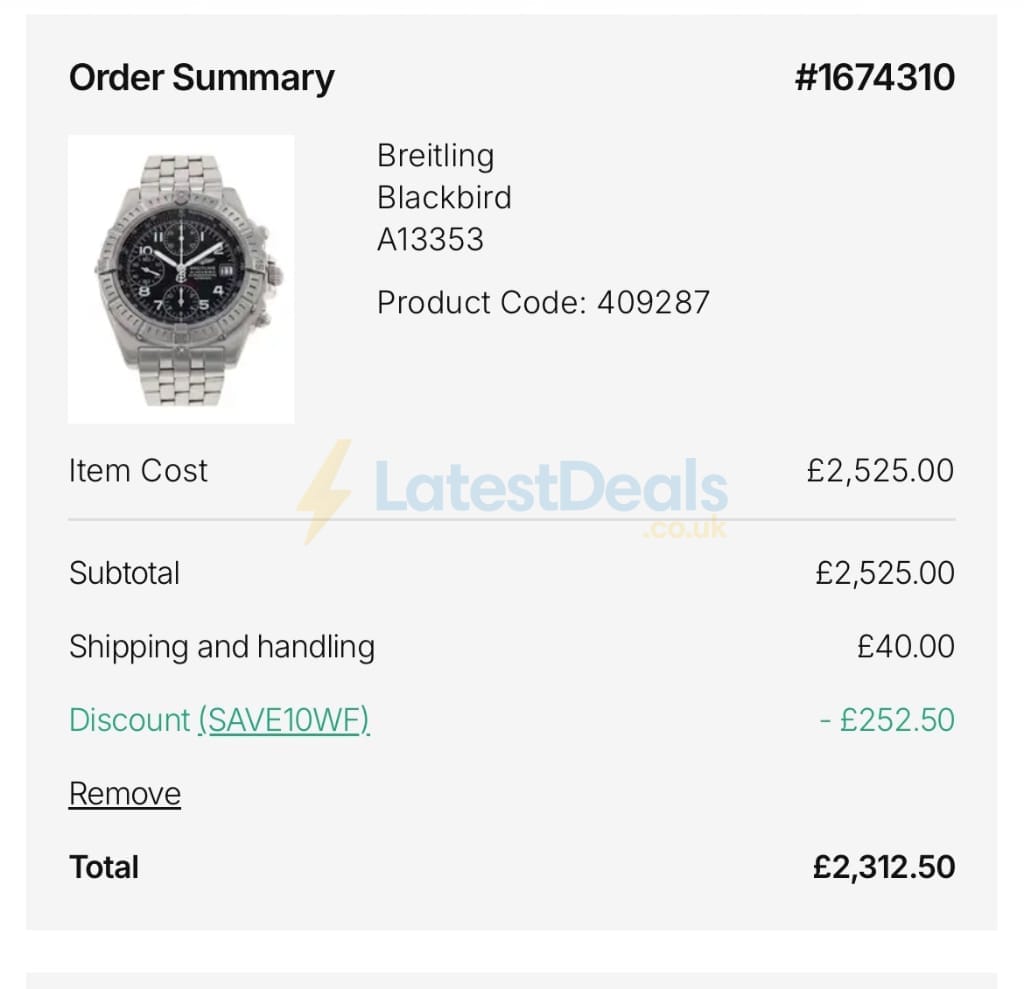 Screenshot of the Watchfinder & Co. discount code working