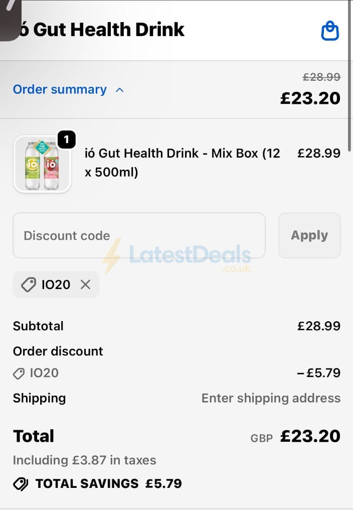 Screenshot of the ió Gut Health Drink discount code working