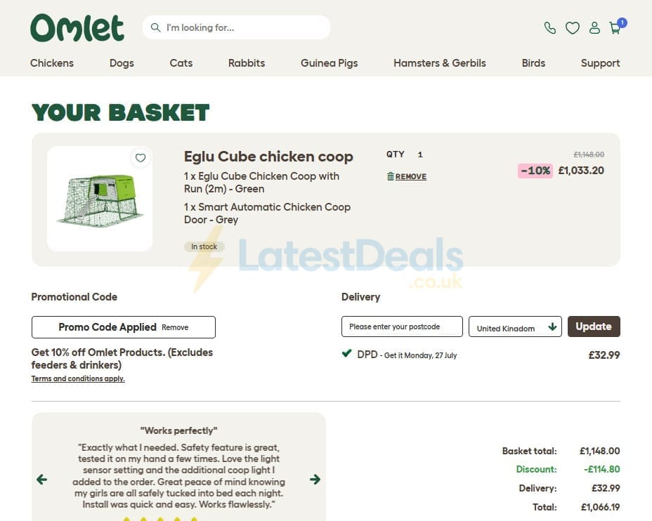 Screenshot of the Omlet discount code working
