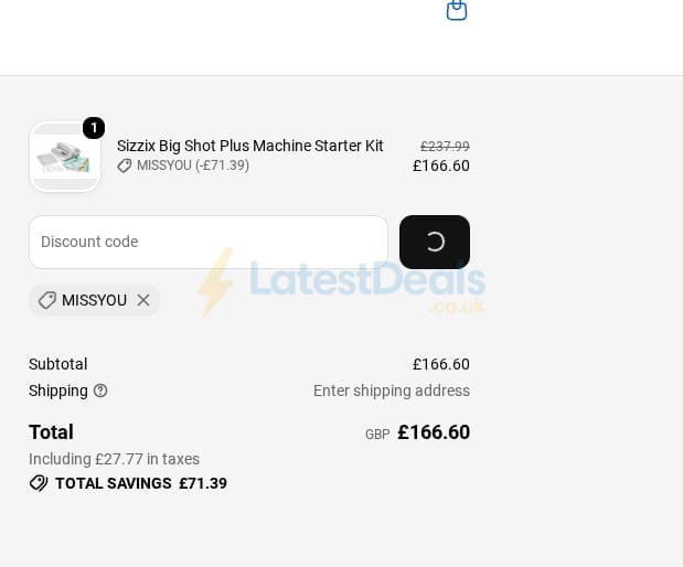 Screenshot of the Sizzix discount code working