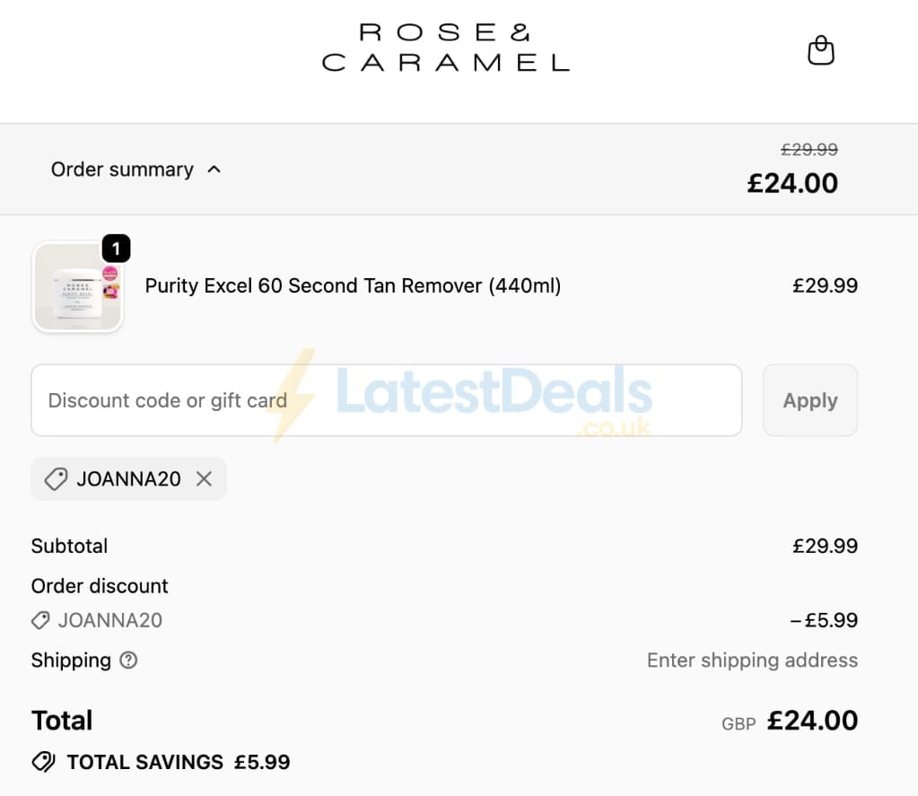Screenshot of the Rose and Caramel discount code working