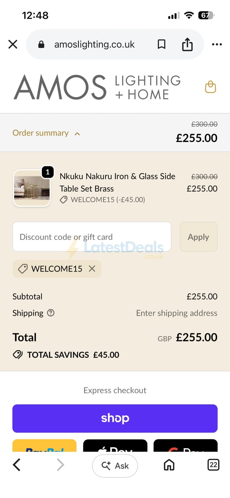 Screenshot of the AMOS Lighting discount code working