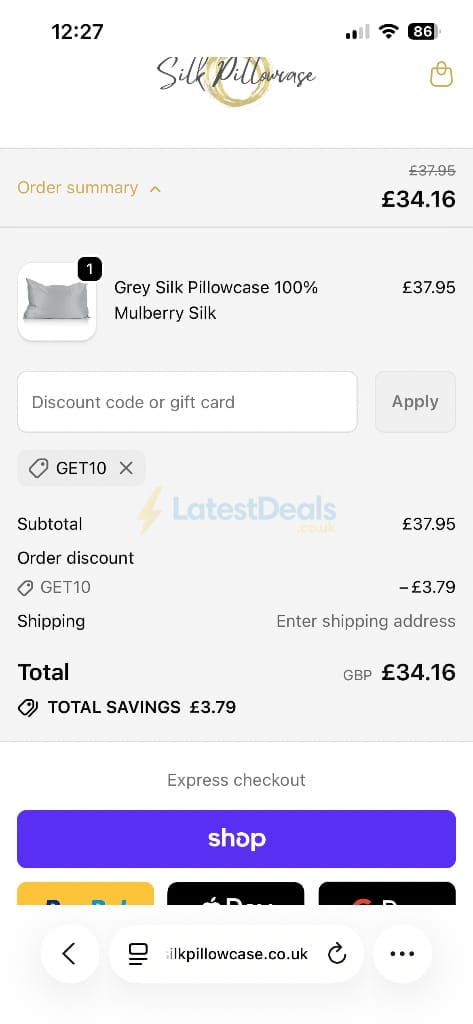Screenshot of the Silk Pillowcase discount code working