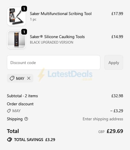 Screenshot of the SAKER discount code working