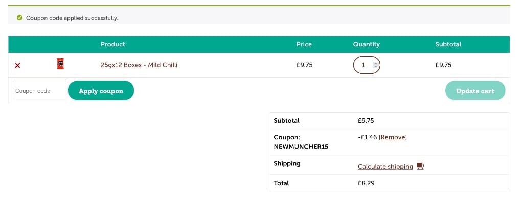 Screenshot of the Munchy Seeds discount code working
