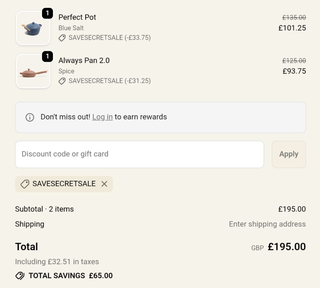 Screenshot of the Our Place discount code working