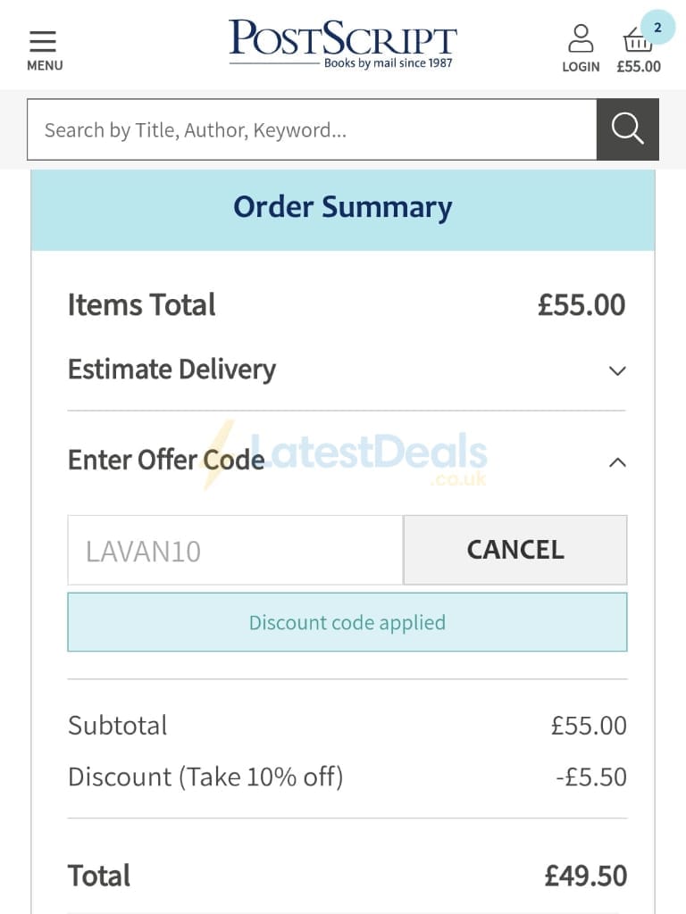 Screenshot of the PS Books discount code working