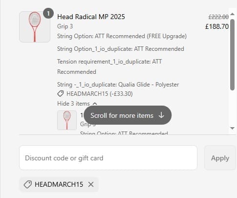Screenshot of the All Things Tennis discount code working