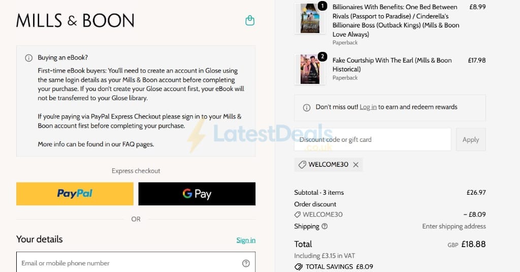 Screenshot of the Mills & Boon discount code working