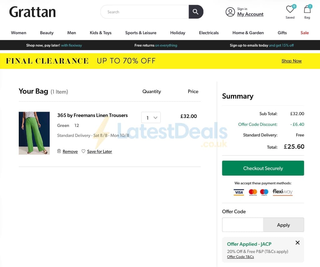 Screenshot of the Grattan discount code working