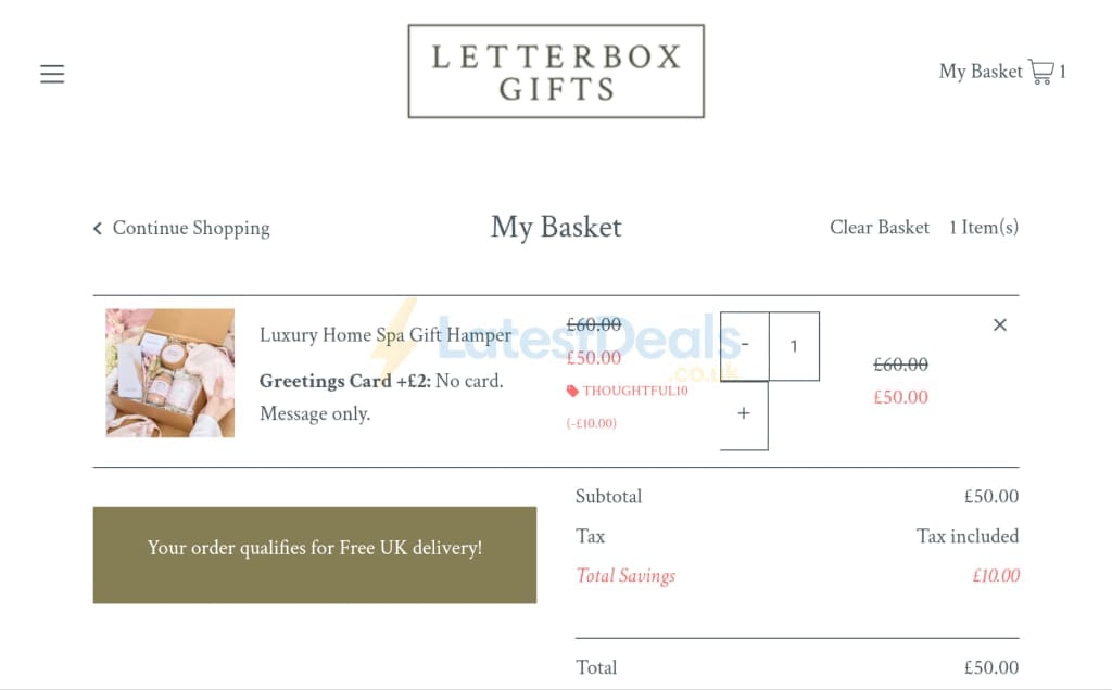 Screenshot of the Letterbox Gifts discount code working