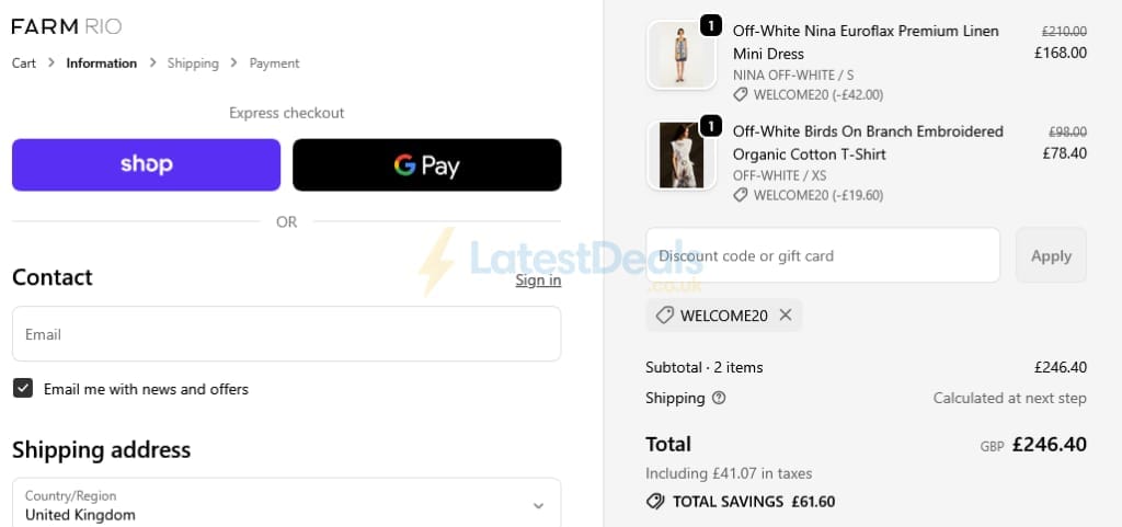 Screenshot of the Farm Rio discount code working