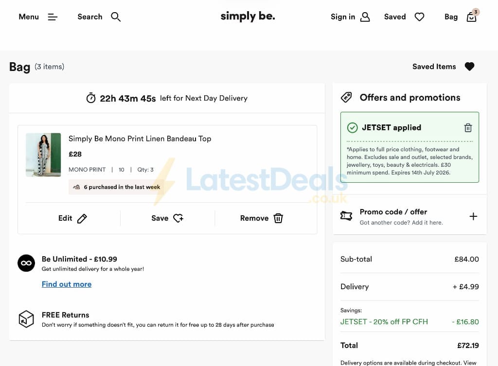 Screenshot of the Simply Be discount code working