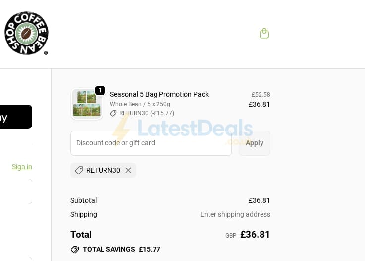 Screenshot of the Coffee Bean Shop discount code working