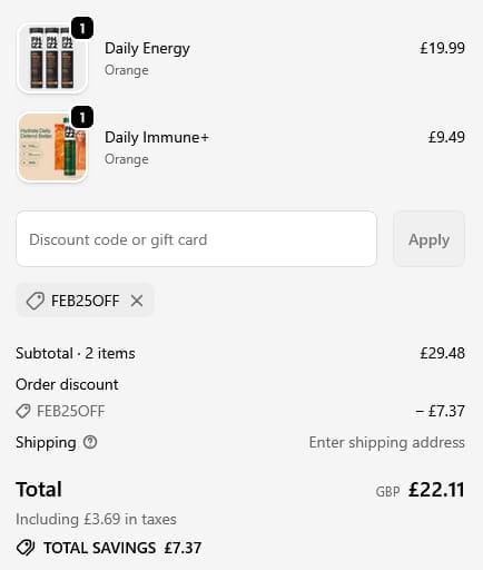 Screenshot of the Phizz discount code working