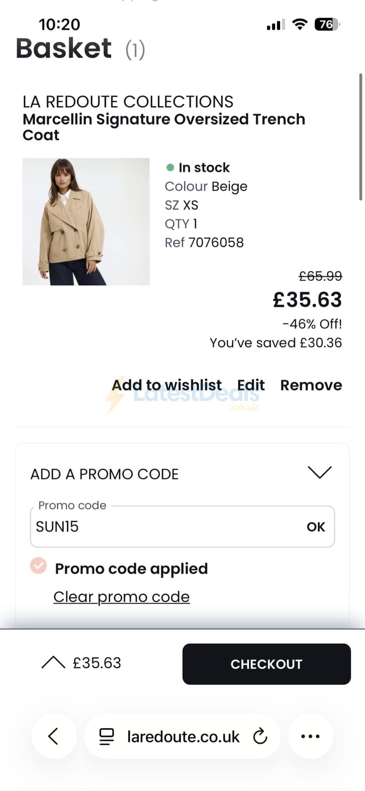 Screenshot of the La Redoute discount code working