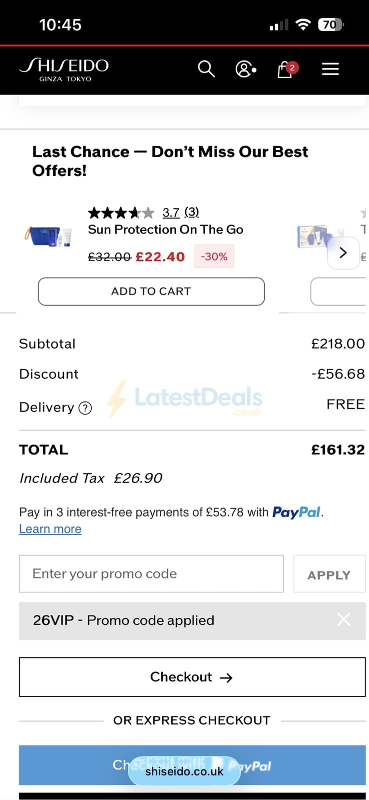 Screenshot of the Shiseido discount code working