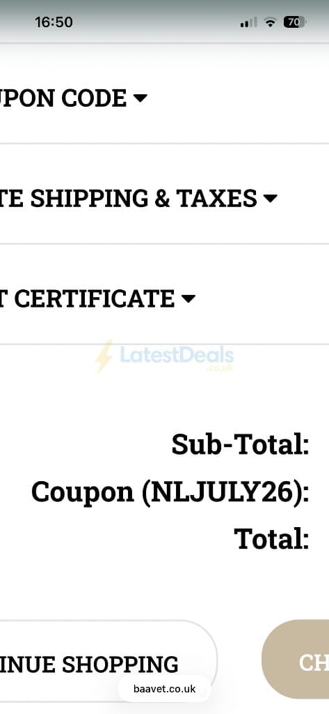 Screenshot of the Baavet discount code working