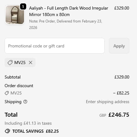 Screenshot of the William Wood Mirrors discount code working