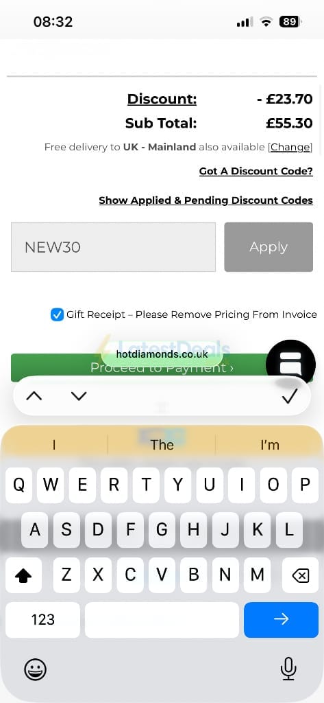 Screenshot of the Hot Diamonds discount code working