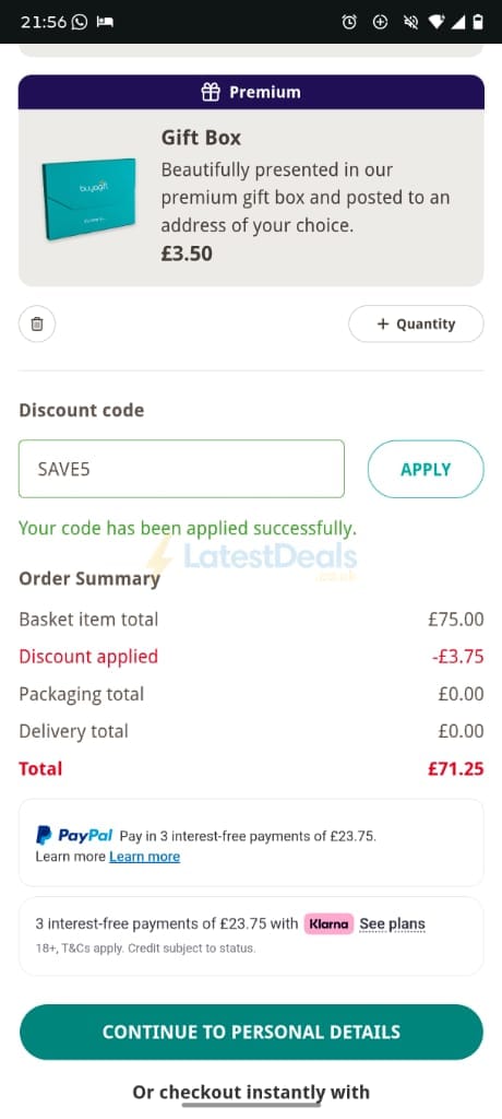 Screenshot of the Buyagift discount code working