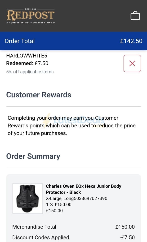 Screenshot of the Redpost Equestrian discount code working